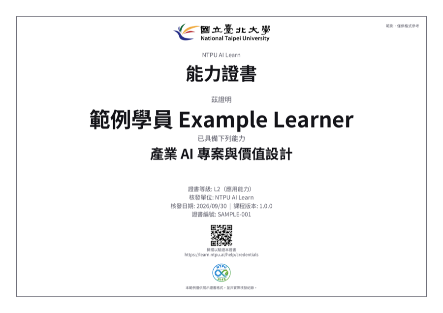 中文範例證書縮圖：含 NTPU 校徽、證書欄位與 QR Code